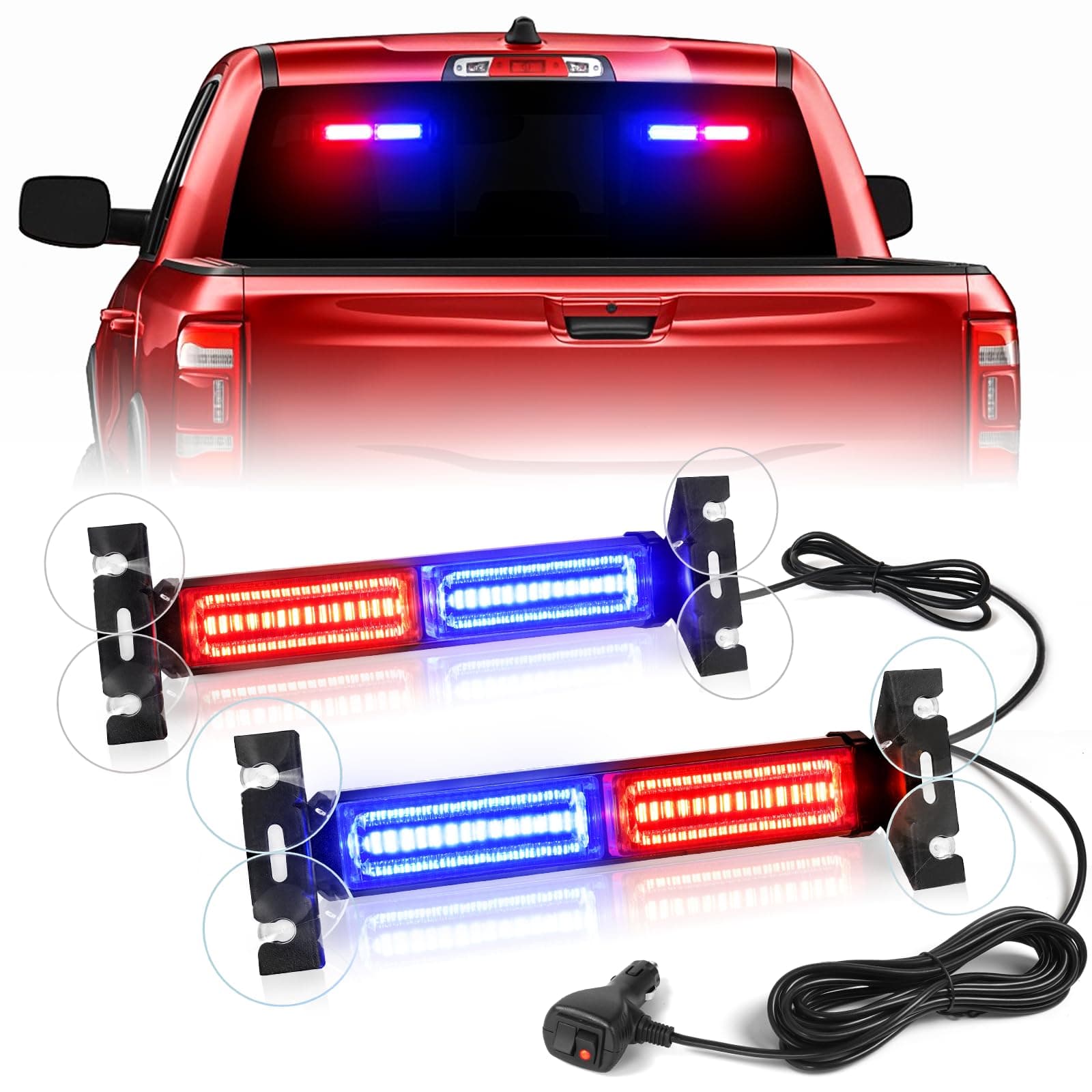 HLauto 1002L Emergency Strobe Traffic Advisor Light Bar: 40 LED Dash Safety Warning Flashing Light, Front/Rear Windshield Visor Lights for Construction Vehicle, Tow/Plow Truck (2x10.7inch, Red Blue)
