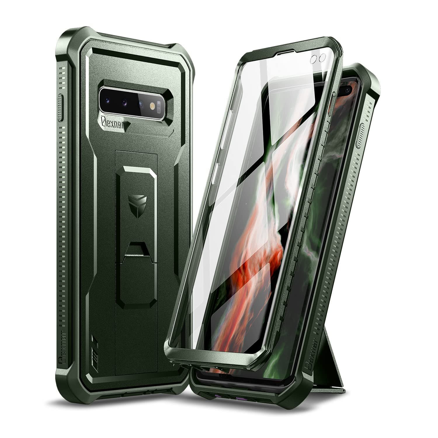 Dexnor for Samsung Galaxy S10+ Plus Case, [Built in Screen Protector and Kickstand] Heavy Duty Military Grade Protection Shockproof Protective Cover for Samsung Galaxy S10 Plus Green