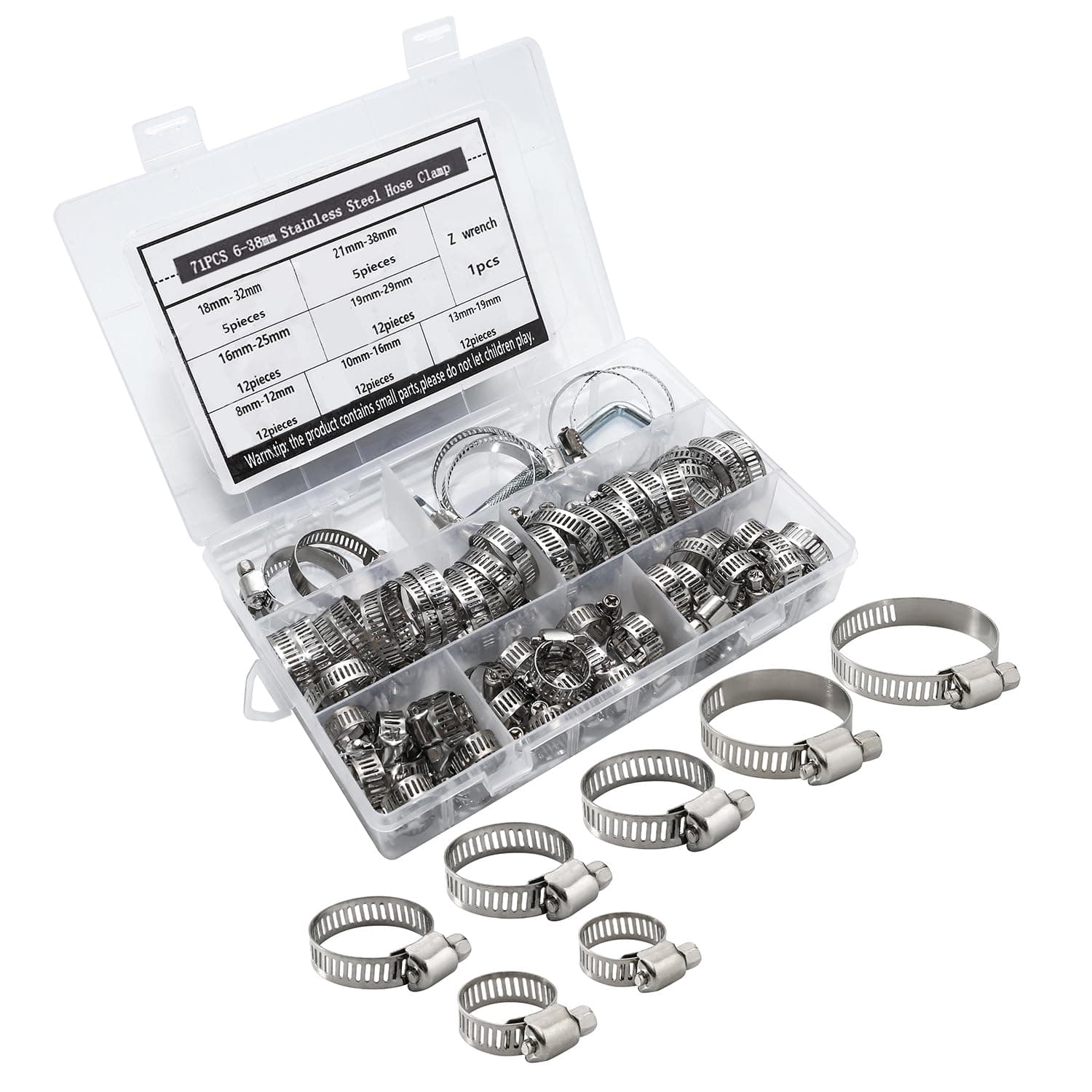 71Pcs Hose Clips Adjustable 1/4'' to 1-1/2'' Range Hose Clamps 304 Stainless Steel Pipe Clips Assortment with Screwdriver and Storage Case, 7Sizes