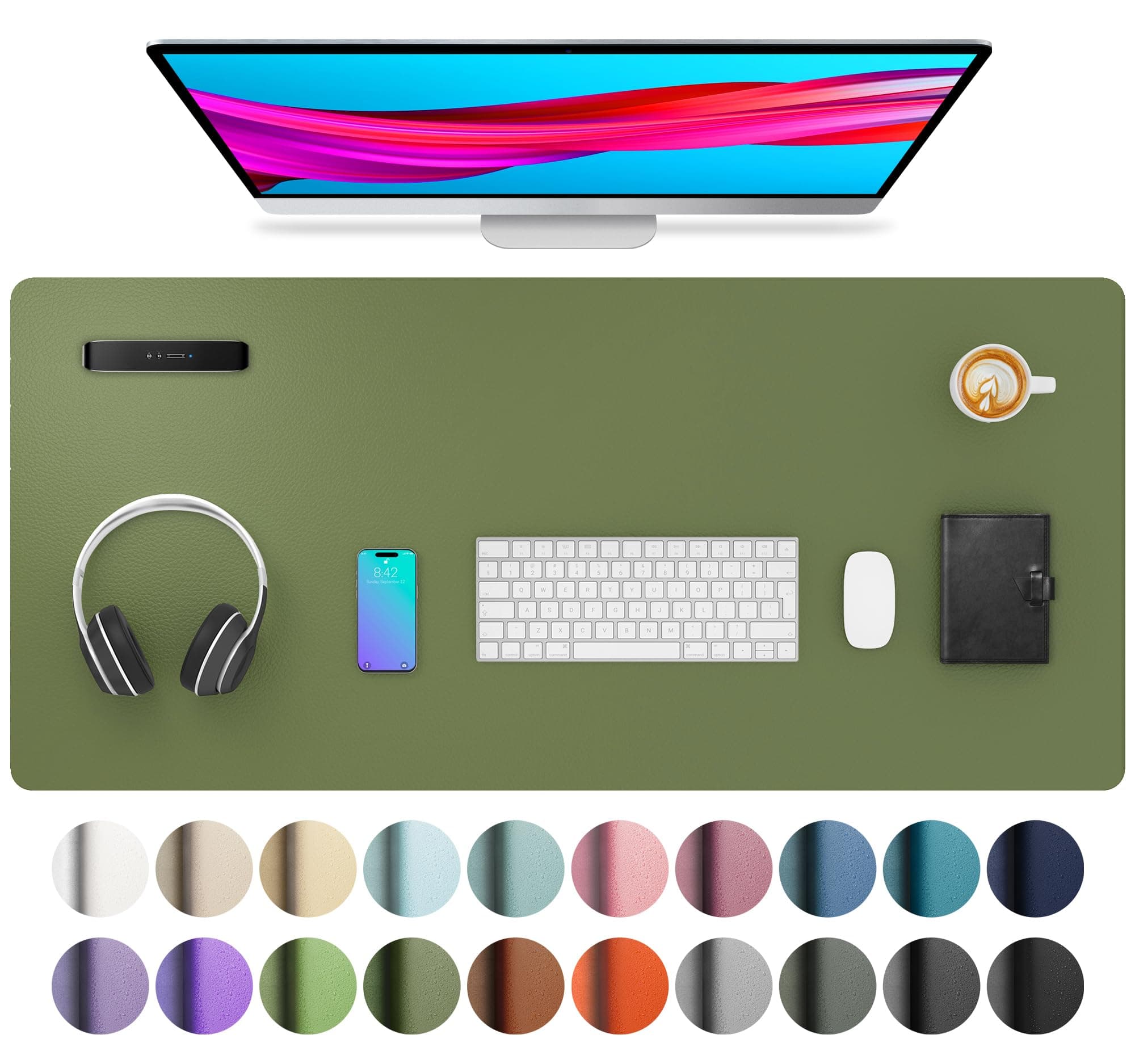 Aothia Leather Desk Pad Protector, Mouse Pad, Office Desk Mat, Non-Slip PU Leather Desk Blotter, Laptop Desk Pad, Waterproof Desk Writing Pad for Office and Home (36" x 17", Olive Green)