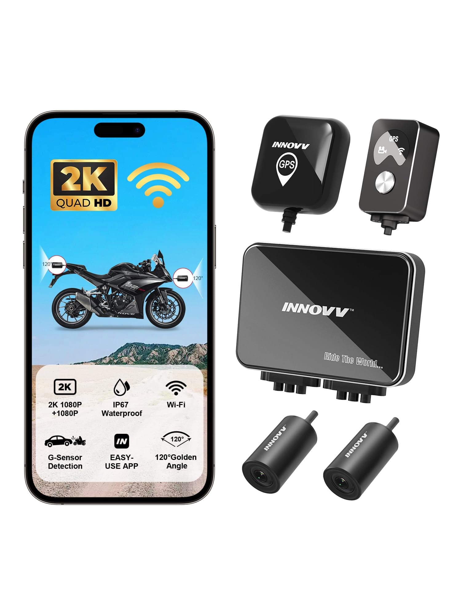 INNOVV K7 Motorcycle Dash Cam Front and Rear with EIS 2K + 2K @ 30FPS or 1080P + 1080P @ 60 FPS, Motorcycle Camera, GPS, WiFi, 24h Parking Mode, Accident Detection, Waterproof Motorcycle Camera