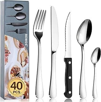 BEWOS 40-Piece Cutlery Set with 8 Triple Riveted Steak Knives, Stainless Steel Silverware Tableware Set for Kitchen, Mirror Polished Knives, Forks and Spoons Cutlery Set for 8, Dishwasher Safe