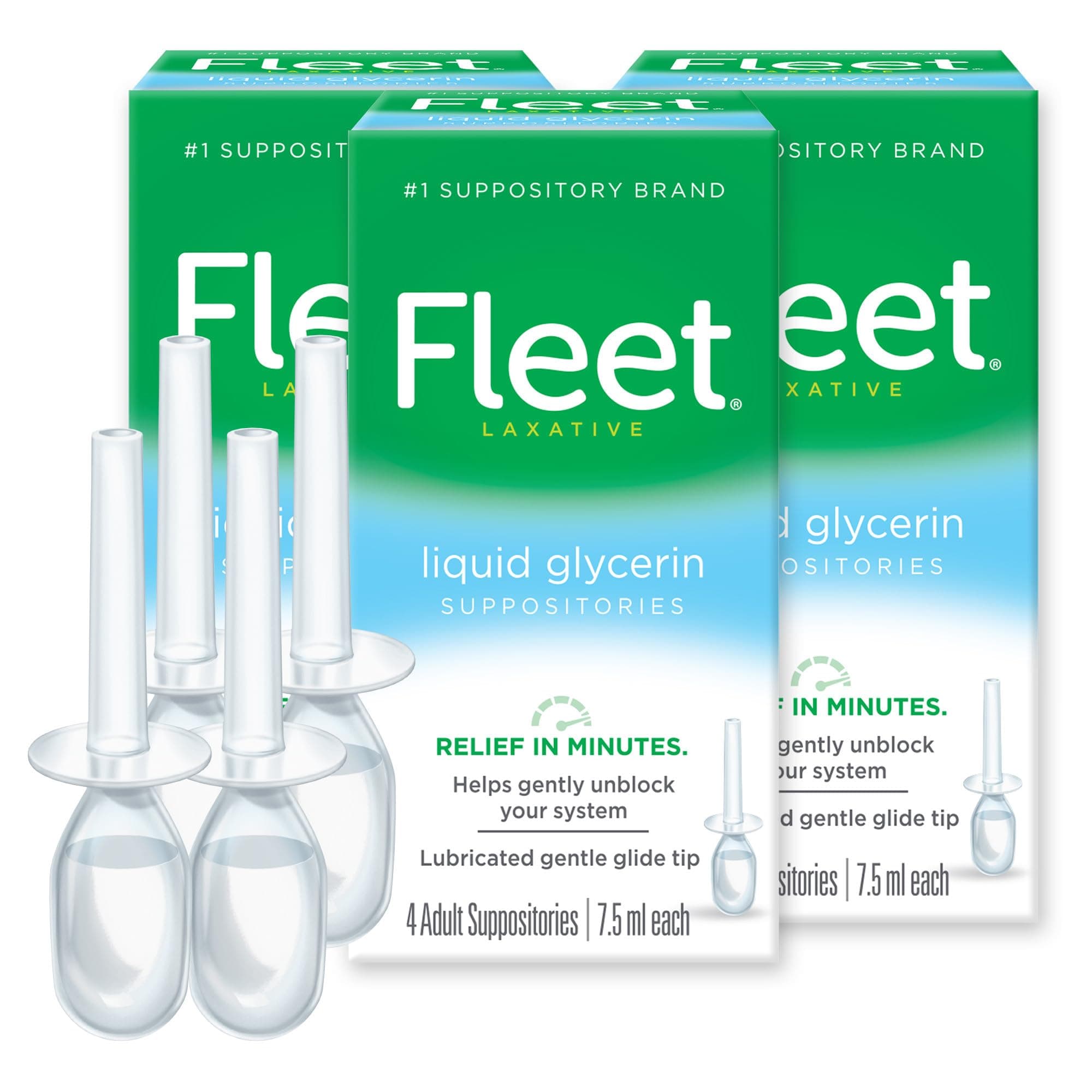 Fleet Liquid Glycerin Suppositories for Constipation Relief, Fast and Effective Stimulant-Free Laxative, 4 Bottles per Pack, 7.5 mL Each, Pack of 3