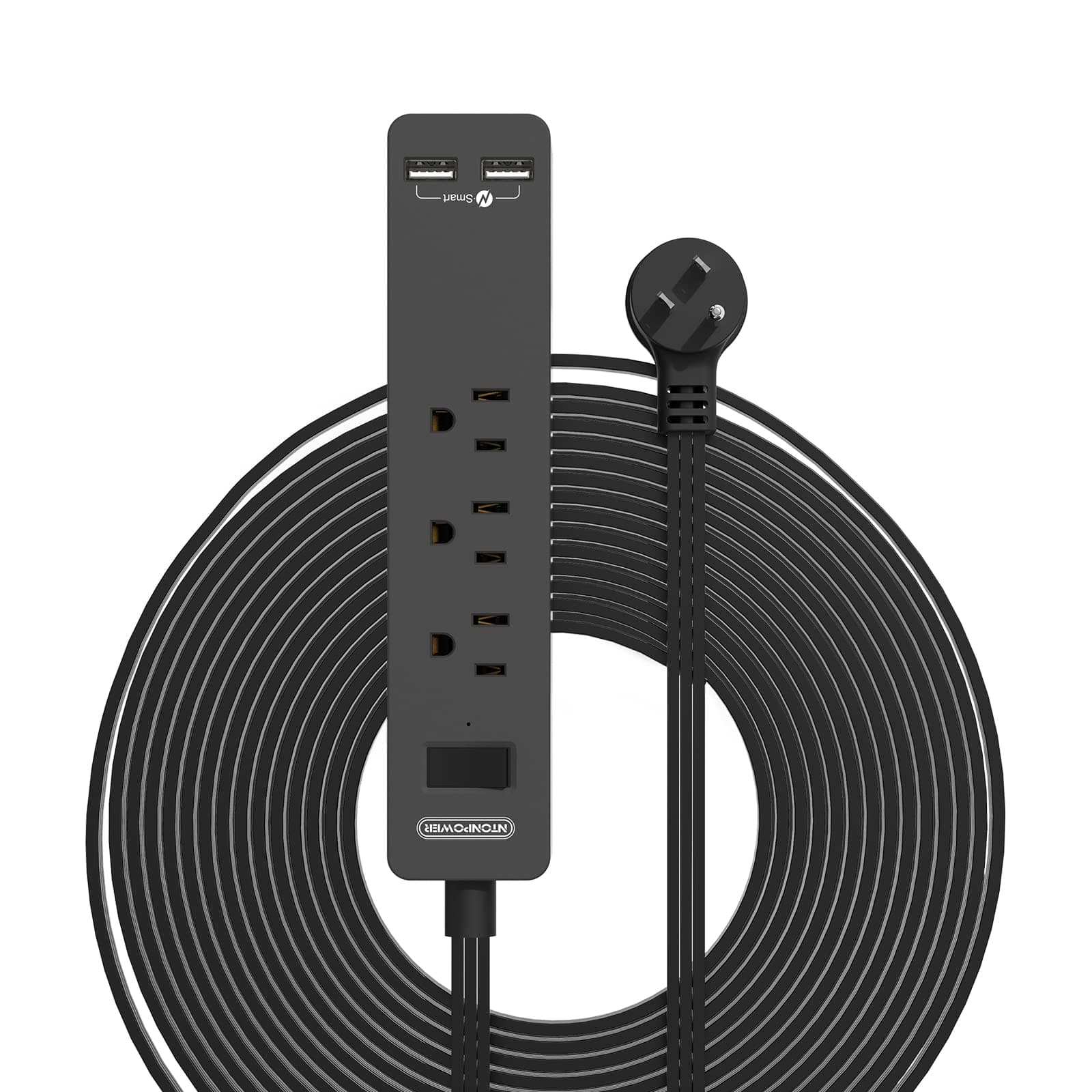 Long Extension Cord 15 Ft, NTONPOWER Ultra Thin Flat Extension Cord Under Carpet, Rug, Door, 3 Outlets Flat Plug Power Strip with 3 USB, Wall Mount, Overload Protection for Indoor Home Office, Black