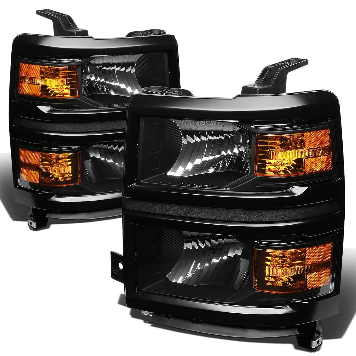 Headlights Assembly Compatible with 2014 2015 Chevy Silverado 1500, Driver and Passenger Side Halogen Headlamps Replacement, Black Housing Amber Corner