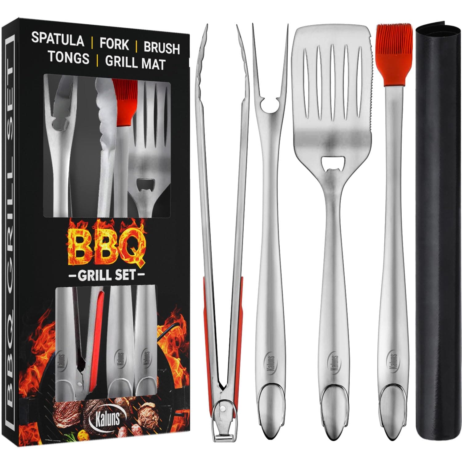 Kaluns Best BBQ Grilling Tools Set - Heavy Duty Thick Stainless Steel Utensils - 5-Piece, Tong, Fork, Spatula, Basting Brush Extra Long Grill Accessories Gift Box Package