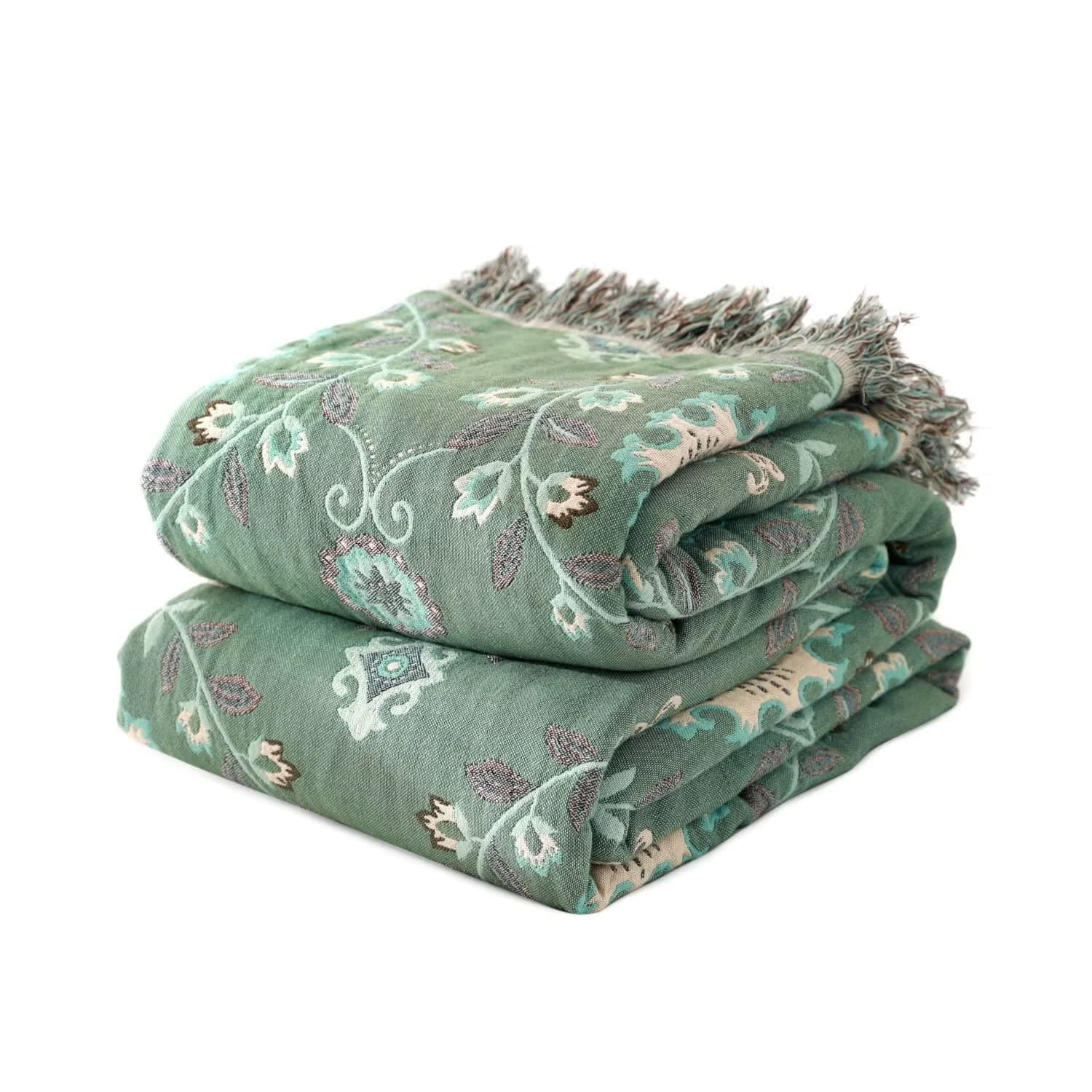 Boho Throw Blanket for Bed 100% Cotton Ultra Soft Rustic Quilt Fall Blanket Floral Printed Farmhouse Decor Bed Blankets,80"×90" All Season Rustic Throw for Sofa Couch Chair