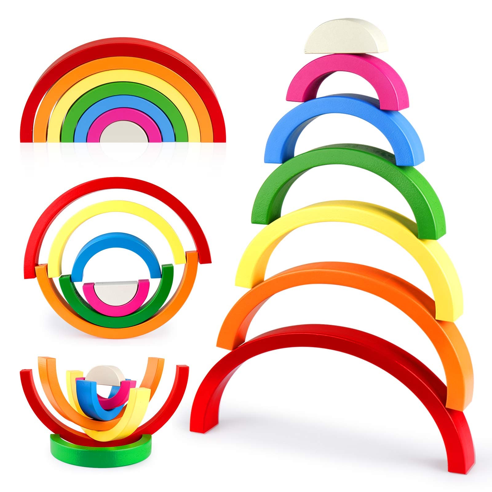 Vanmor Wooden Rainbow Stacker Toy, Wood Stacking Rainbow Puzzle Nesting Blocks, Educational Montessori Color Shape Sorting Game Fine Motor Skills Toys Gift for Kids Baby Toddlers