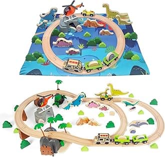 80Pcs Wooden Train Set, Dinosaur Wooden Train Track Set, Wood Toy Train Set for Toddlers 2-4, Train Toys for Toddlers 3-5, Fits Thomas, Fits Brio, Fits Melissa and Doug