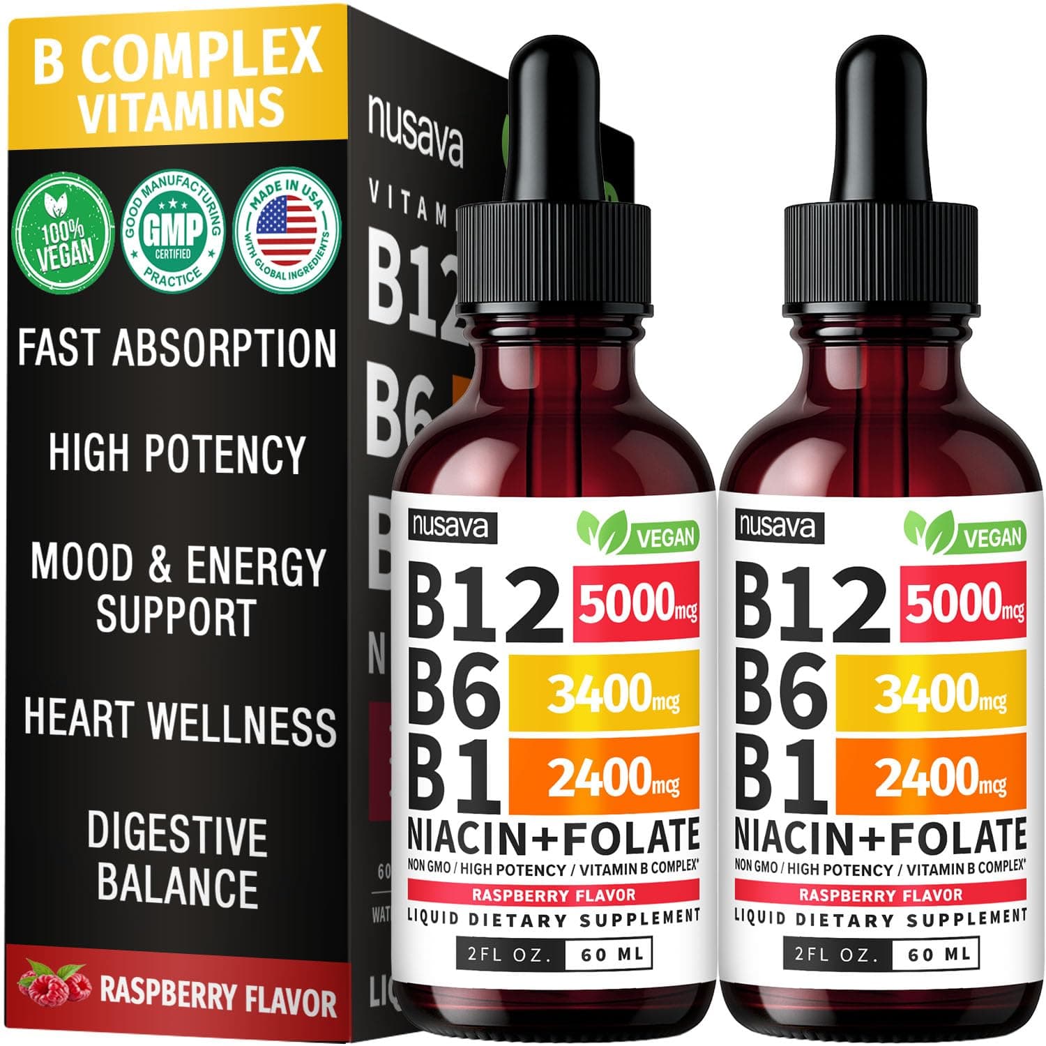 NUSAVA (2 Pack) Vitamin B12 Liquid Drops with B6, B1, Niacin & Folate — B12 Sublingual Vitamin B Complex, Methylcobalamin 5000 mcg, for Energy, Brain & Heart Support, Raspberry Flavor, 80 Servings