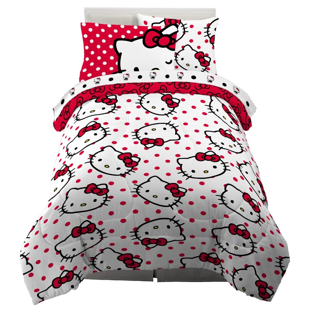 Hello Kitty Polka Dot Bedding 5 Piece Super Soft Comforter and Sheet Set with Sham, Twin, (Officially Licensed Product) by Franco Collectibles