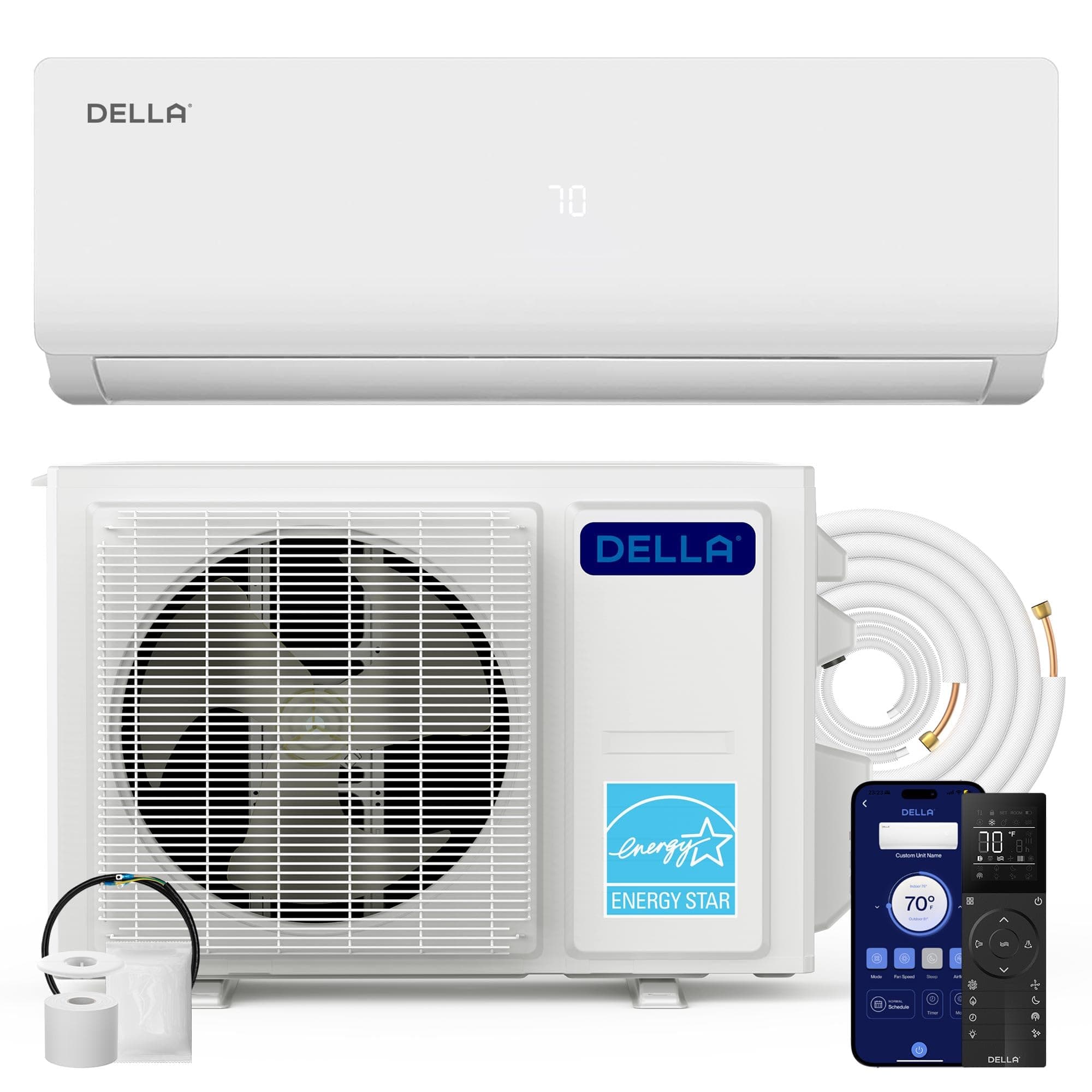 DELLA Vario Series 9000 BTU Mini Split Air Conditioner,Work with Alexa and Wifi, 230V 20 SEER2, Energy Star, Cools Up to 400 Sq.Ft, Ductless Inverter System,0.75 Ton Pre-Charged Heat Pump,16.4ft Kits