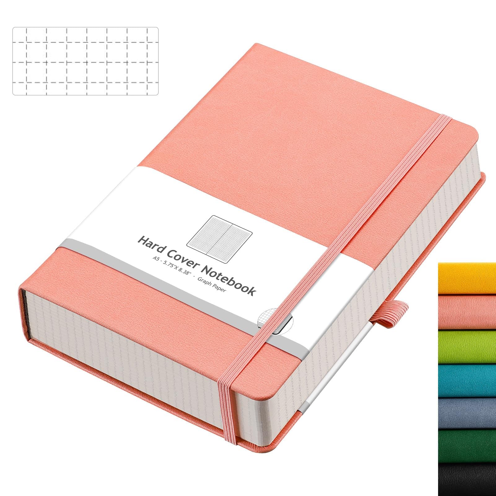 AHGXG Graph Paper Notebook - 320 Pages Grid Notebook Thick Journal A5, 100gsm Thick Graph Paper, Leather Hardcover, Inner Pocket,5.75'' × 8.38''- Pink