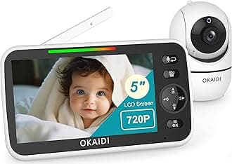OKAIDI 5 Inch 720P HD Baby Monitor with Camera and Audio, 5000mAh Battery, Remote Pan-Tilt, 3X Zoom, 1000ft Baby Monitor NO WiFi, Night Vision, 2-Way Talk, Temperature, Lullabies