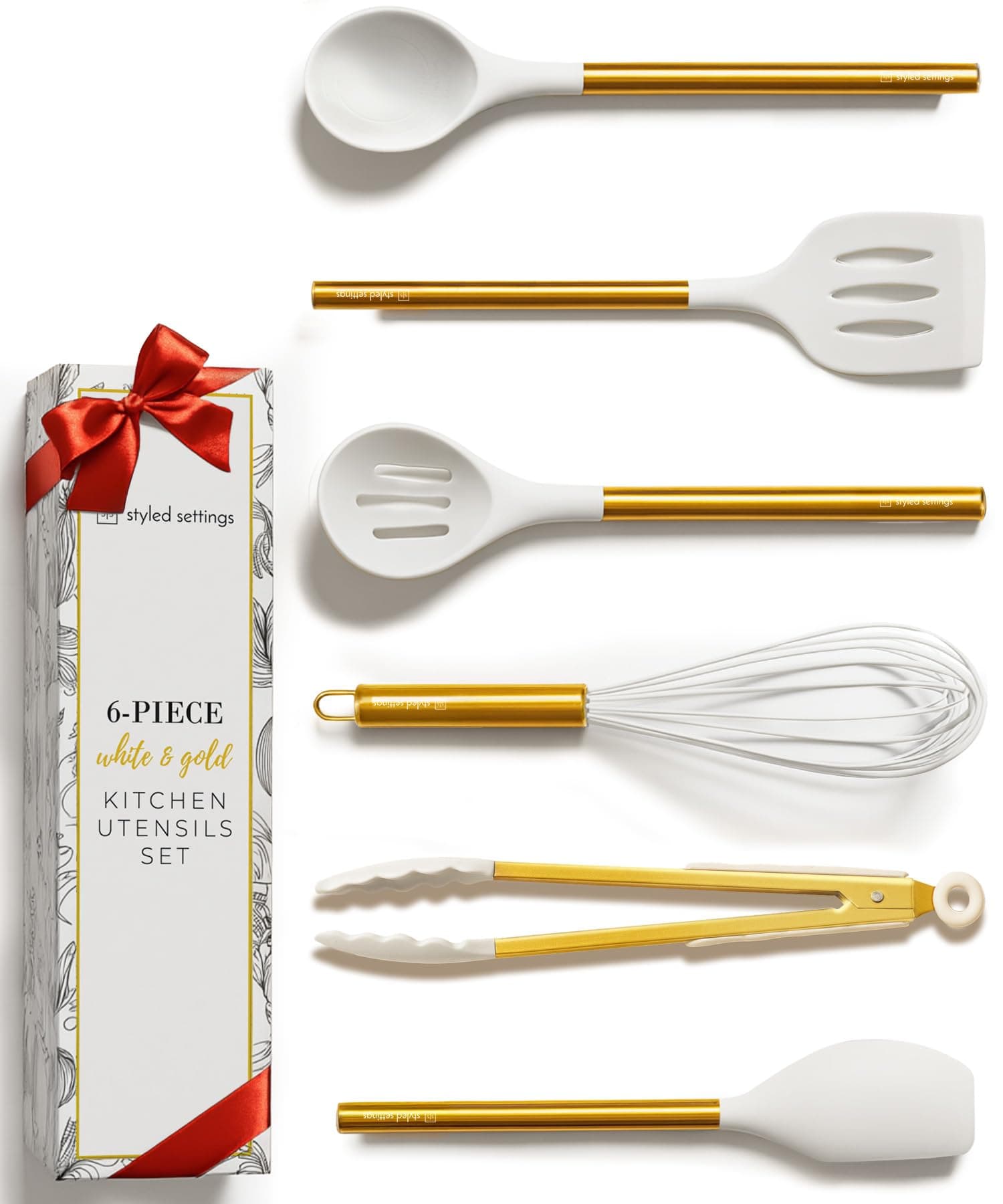 6 Pcs Gold Silicone Kitchen Utensils Set White Gold Kitchen Utensils Set with Spatula, Whisk, Tongs, Spoons, Nonstick Kitchen Utensils - Luxury Kitchen Accessories for Home Chefs