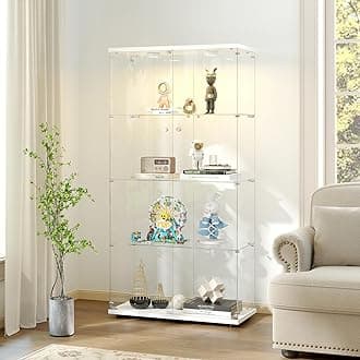 Tempered Glass Display Cabinet with Lights, 4-Tier Curio Cabinet with Glass Doors and Lock, Glass Display Case for Collectibles, for Living Room, Bedroom, Office, Double Door, White