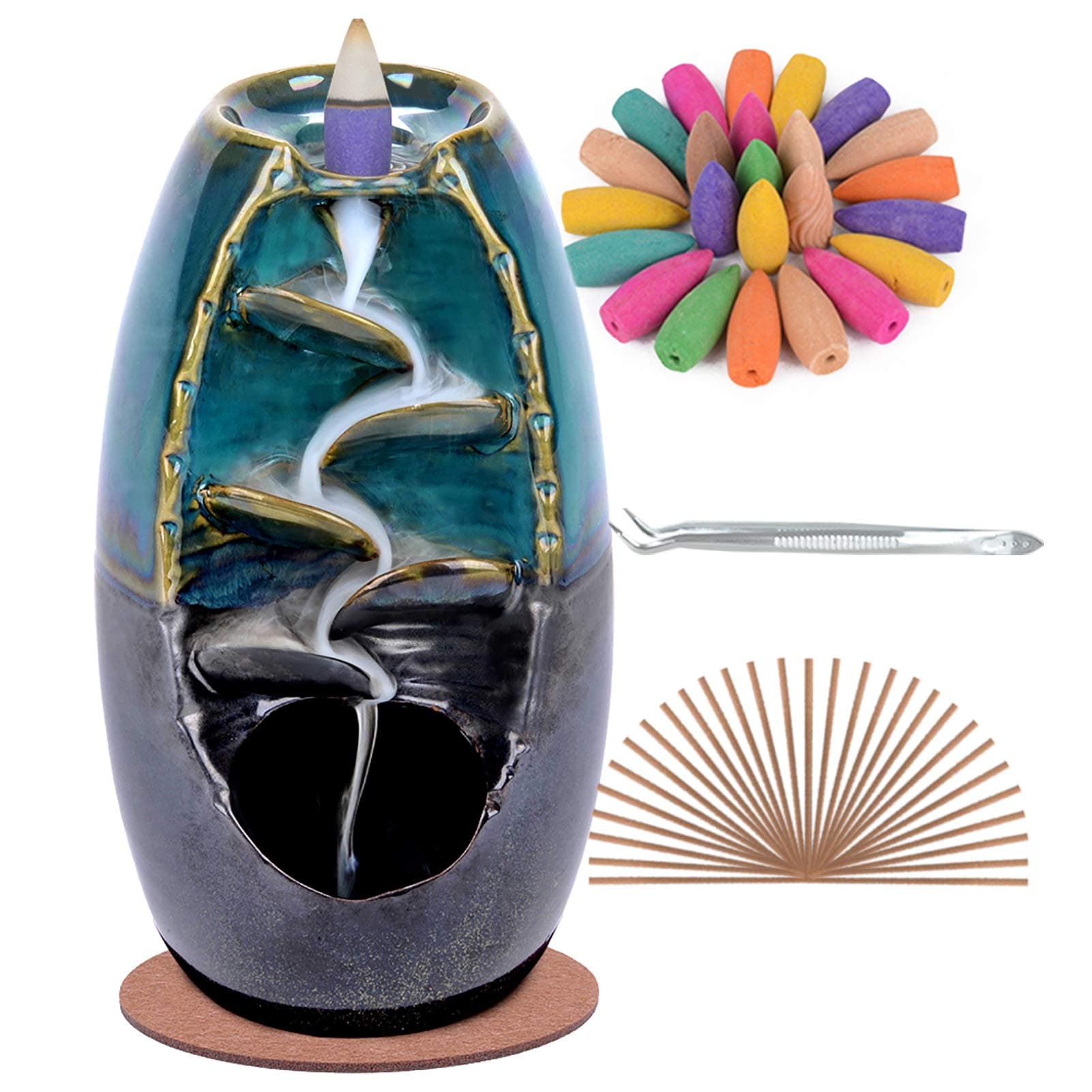 SPACEKEEPER Backflow Incense Holder/Burner Waterfall, Ceramic Aromatherapy Ornament Home Decor with 120 Backflow Incense Cones + 30 Incense Stick, Blue