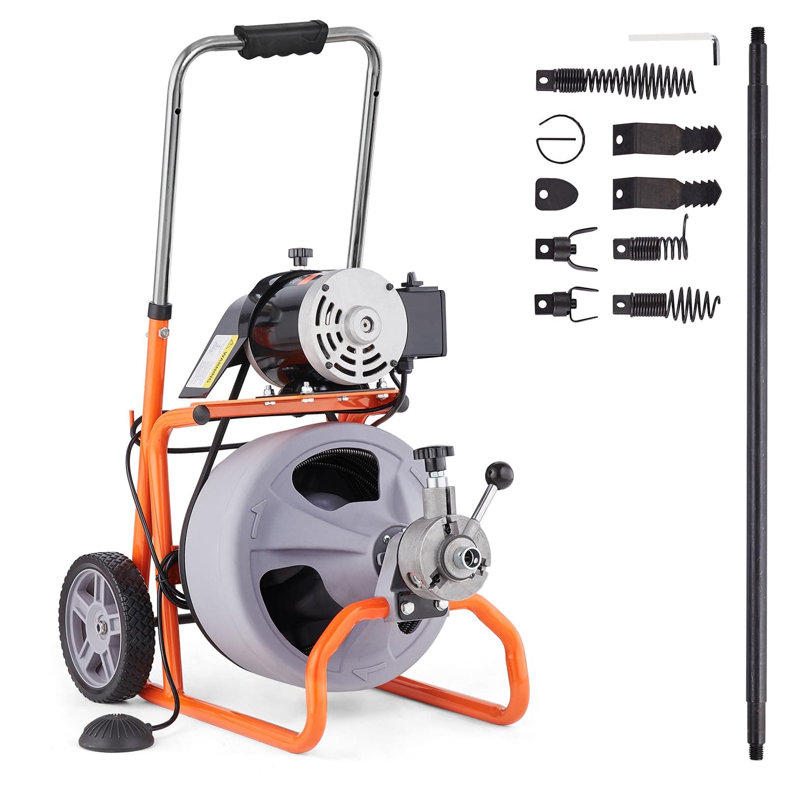 VEVOR Drain Cleaner Machine 100FT x 3/8 Inch, Auto Feed Sewer Snake Drain Auger on Wheels, Portable Drain Cleaning Machine with 8 Cutters & Air-activated Foot Switch for 2" to 4" Pipes