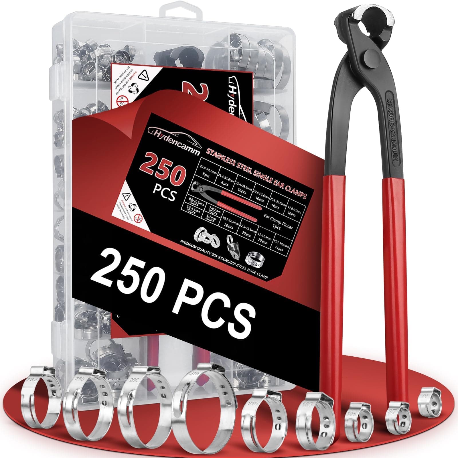 250PCS 14 Sizes Single Ear Hose Clamp, 5.3-33.1mm 304 Stainless Steel Ear Clamp Kit with Ear Clamp Pincer, Stepless Hose Clamps Cinch Rings for Automotive, Home Appliance Line and Plumbing