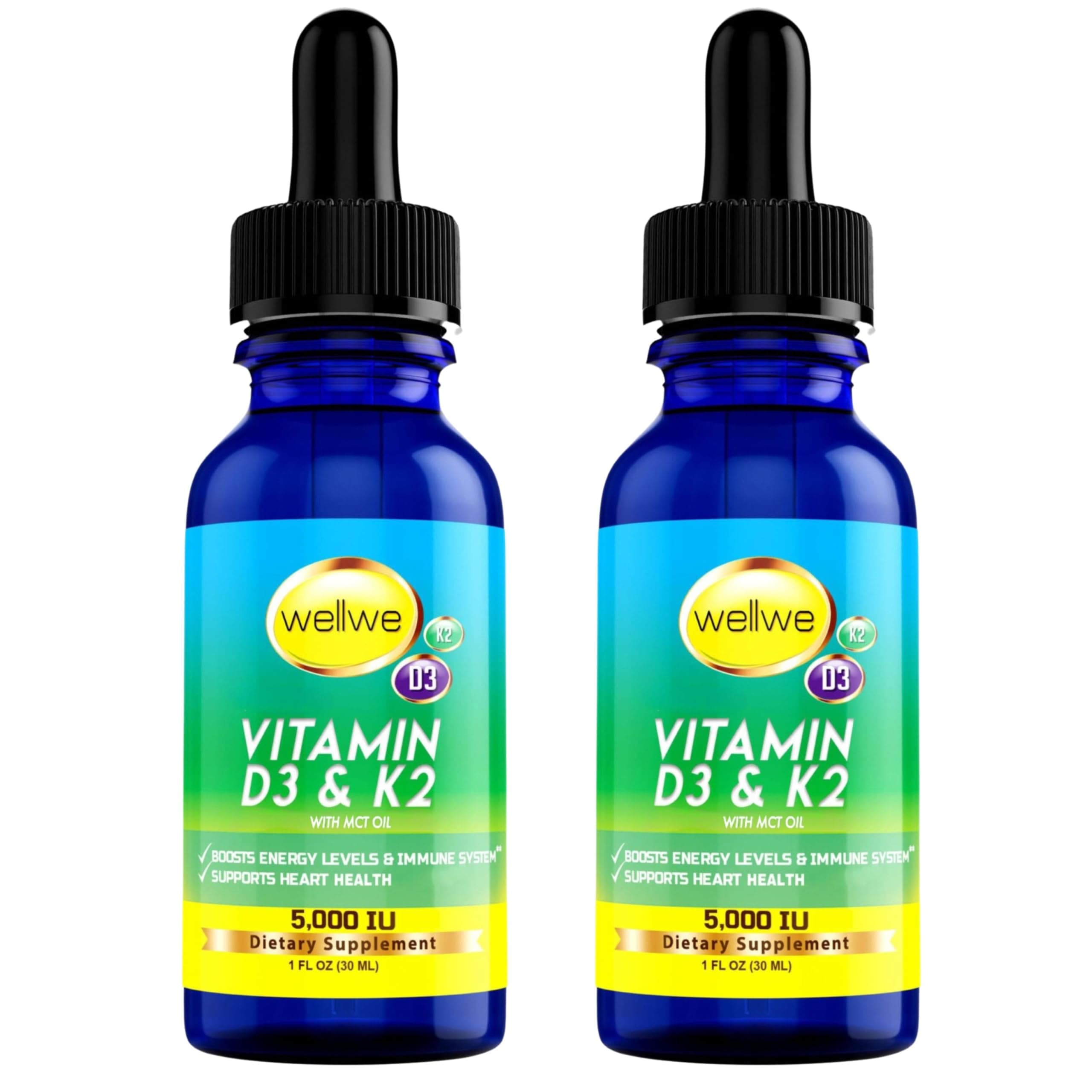 2 Bottles Liquid Vitamin D3 K2 Drops 5000 IU with MCT Oil - Vegan Vitamin D Supplement to Boost Energy Levels and Immune System, No Taste, No Odor, Soy-Free, Gluten Free, Non-GMO