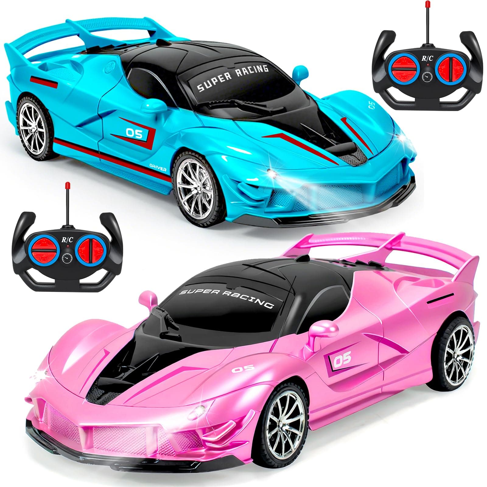 2 Pack Remote Control Car for Girls 3-5, 1:18 Scale Hobby Rc Cars Toys for Kids Age 3 4 5 6 7 8-12 Year Old- Model Sports Racing Car with Headlights Birthday Gift for Kids, Pink & Blue