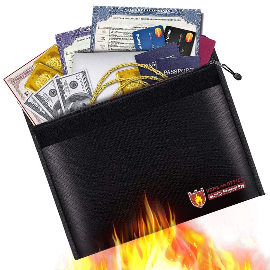 Fireproof Document Bag, Fire Water Resistant Money Bag 15" x 11" Non-Itchy Silicone Coated Document Bag Dual-Layer Fireproof Envelope Holder for Cash, Birth Certificate, Jewelry and Passport(Black)