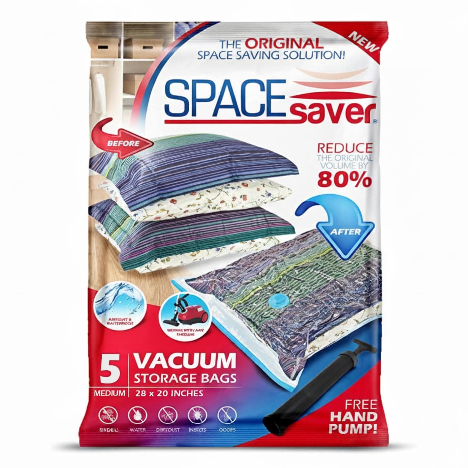 SpaceSaver Vacuum Storage Bags - Medium 5-Pack Clothes Storage Set with Pump - Space Saving Vacuum Bags for Clothes, Bedding and Linens - Airtight Compression Bag for Home and Travel Organization