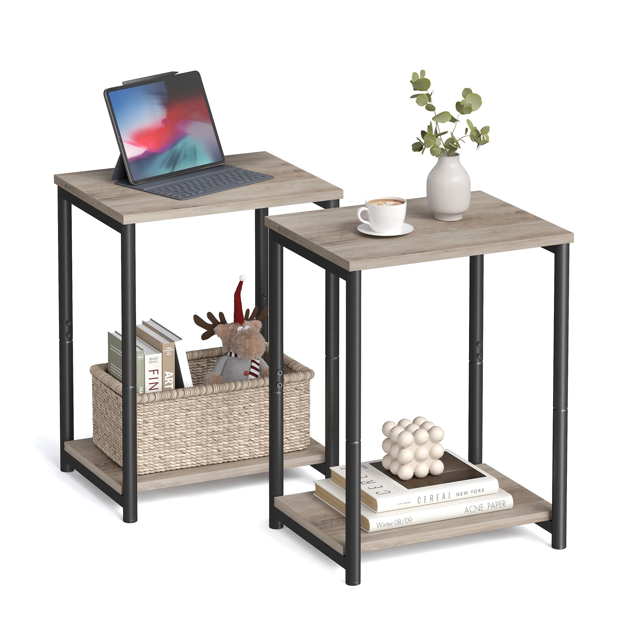 VASAGLE End Tables Set of 2, Side Tables with Storage Shelf, Slim Night Tables, Steel Frame, for Living Room, Study, Bedroom, Industrial, Greige and Black ULET272B02