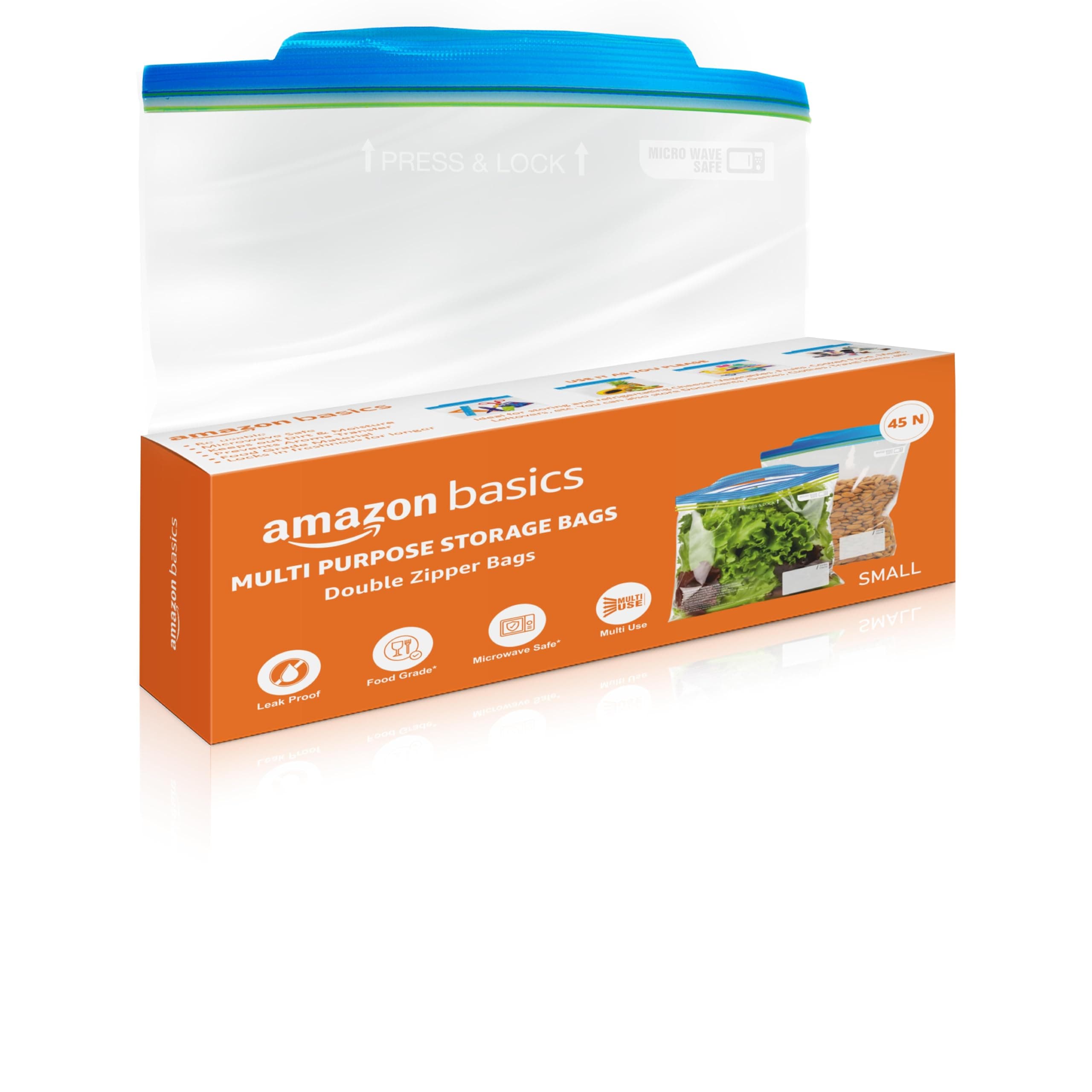 Amazon Basics - Multipurpose Zip Lock Storage Bags | 45 Count | Small | 21.3 x 18 cm | Reusable and Reclosable with Double Zipper | Material Plastic | Leak- Proof | Food Grade | Microwave Safe