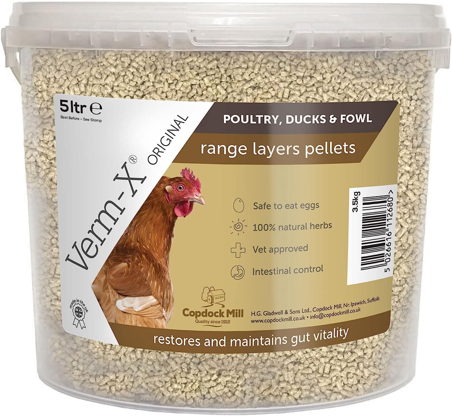 Copdock Mill Range Layers Pellets with Verm-X Chicken Feed 3.5kg/5L Tub - Premium Quality Complete Feed for Poultry - 100% Natural - Aids Digestion & Protect Against Intestinal Problems