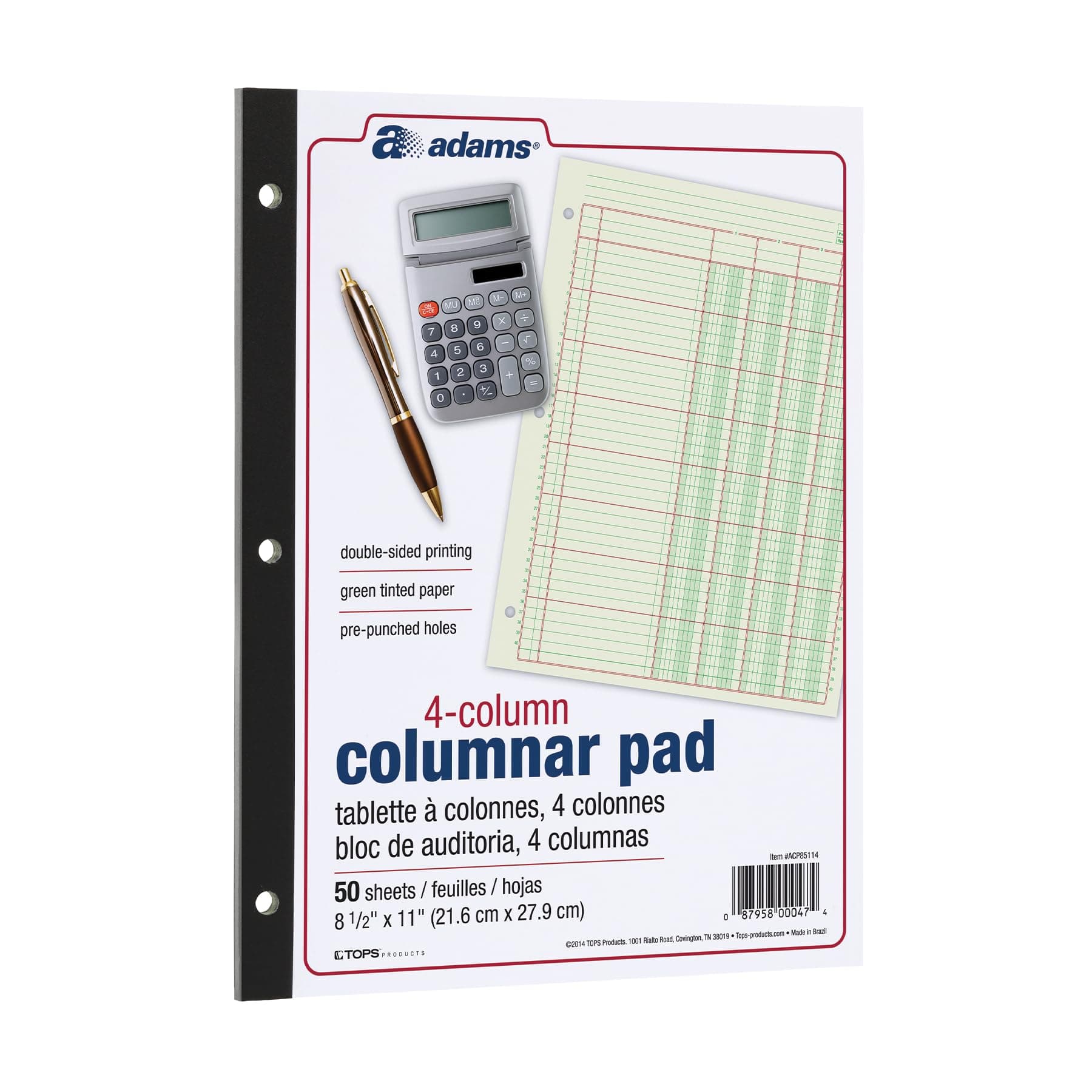 Adams Columnar Analysis Pad, 4 Column Ledger, 8.5" x 11", 100 Pages (50 Sheets), Green, 3 Hole Punch, for Accounting, Bookkeeping & Data (ACP85114)