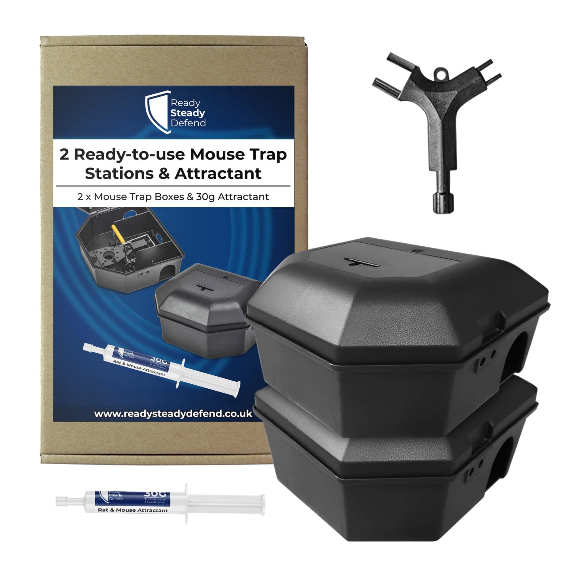 Mouse Trap Stations & Attractant - 2 Ready-to-use Tamper-Resistant Mouse Trap Boxes with 30g Attractant, Safe and Effective Pest Control