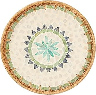Round Rattan Tray with Mother of Pearl Inlay, Rattan Serving Tray with Wooden Base, Decorative Wicker Basket for Table Decor, Storage and Display of Coffee Bread Food Fruit (Bohemia)