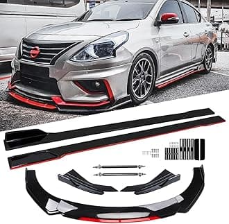 Black & Red Universal 69" - 73" Adjustable Car Front Bumper Lip Splitter Chin Spoiler Body Kit with 86.6" Side Skirt Extension Rocker Panel and Rear Bumper Lip Diffuser Compatible Most Vehicle
