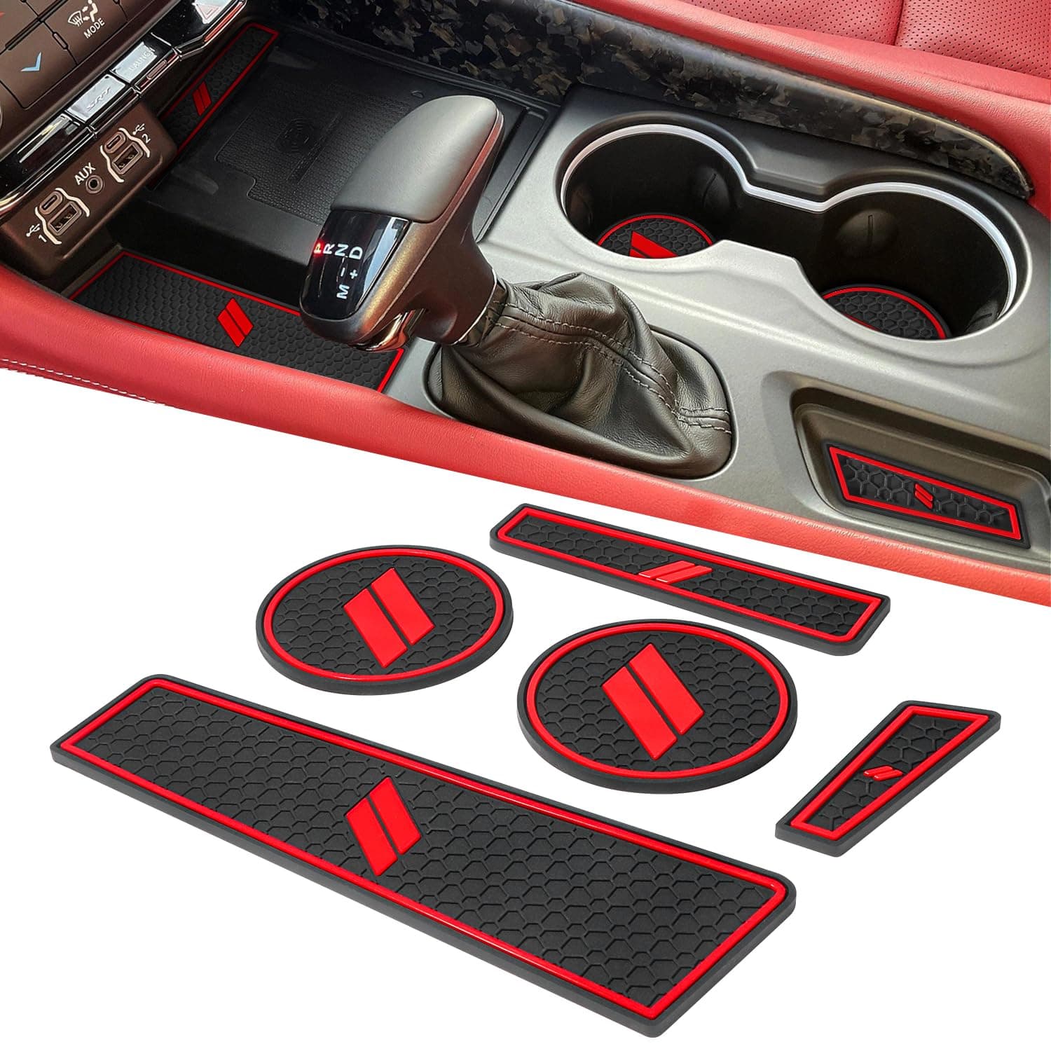 Cup Holder Inserts for Dodge Durango Accessories 2021 2022 2023 2024 2025 Center Console Mat Custom Fit Silicone Cup Liners Pads Interior Decoration (5pcs/Set, Red)