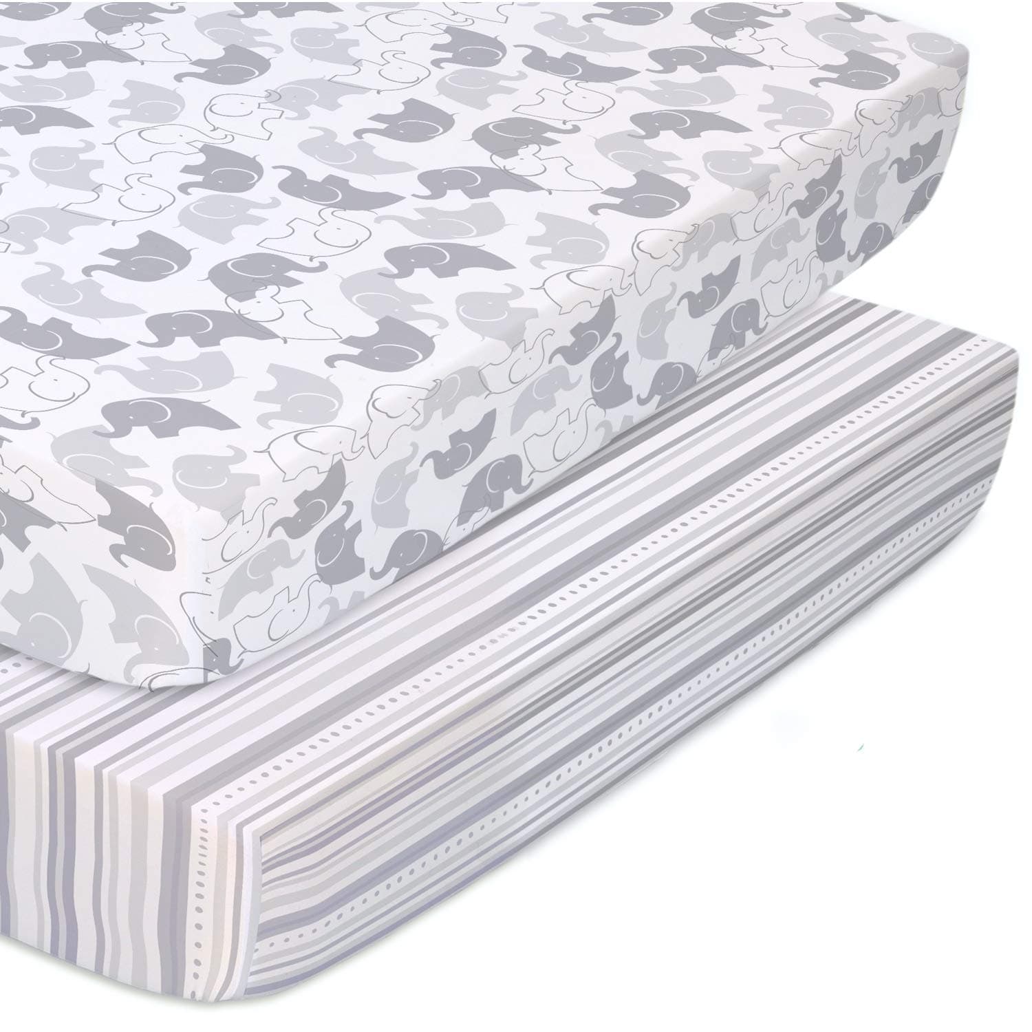 The Peanutshell Fitted Pack n Play, Playard, Mini Crib Sheets for Baby Boys or Girls | 2 Pack Set | Grey Elephant and Stripes