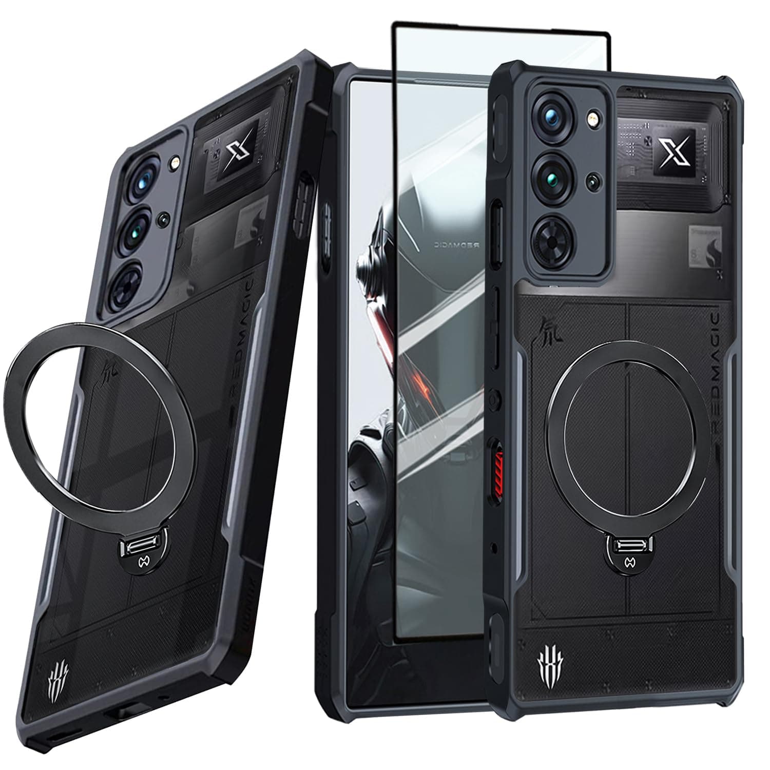 for ZTE Red Magic 10 Pro / 10 Pro+/10S Pro/10S Pro+ Case with Ring Stand Holder, Soft TPU Bumper + Acrylic Back Military Grade Airbags Shockproof Drop Protection[1 Tempered Film], Stand Black