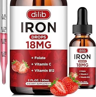 Liquid Iron Supplement for Women & Men Iron Drops Iron Supplements for Anemia with Folate, Vitamin C, B12 for Red Blood Cell Support-Strawberry, 2 Fl Oz