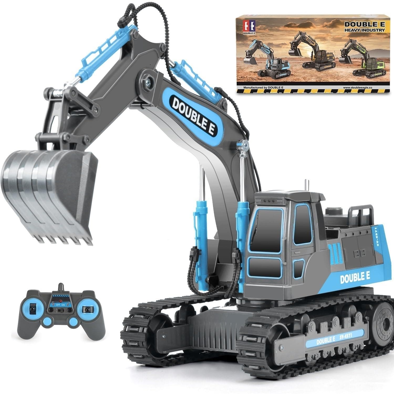 DOUBLE E Remote Control Excavator Toy 2 Batteries Digger Hydraulic Construction Vehicles RC Trucks Toys for Boys Girls Kids 3 4 5 6 7 8 9 10 Year, Gray Blue