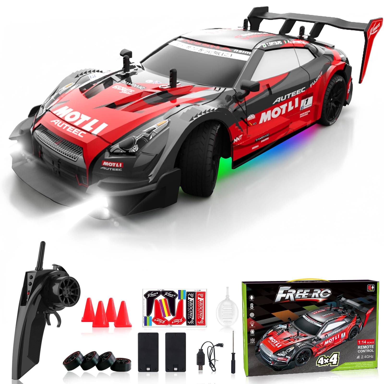 Remote Control Car RC Drift Car 1:16 Scale 4WD RC Car with LED Lights 2.4GHz 30km/h RTR High Speed Racing Sport Toy Car for Adults Boys Girls Kids Gift 2Pcs Rechargeable Battery