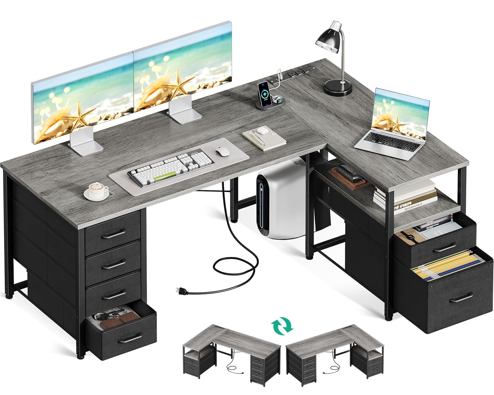 Coleshome L Shaped Computer Desk with 6 Drawers & Power Outlet, 55 Inch Corner Desk with Reversible Storage Shelf & File Drawer, Home Office Desk, Grey Oak