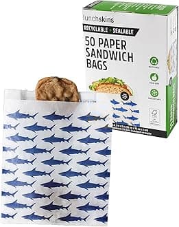 Lunchskins Recyclable & Sealable Paper Sandwich Bags – 50 Count | Shark Design | Eco-Friendly Grease-Resistant Glassine Snack Bags with Self-Adhesive Closure for Freshness