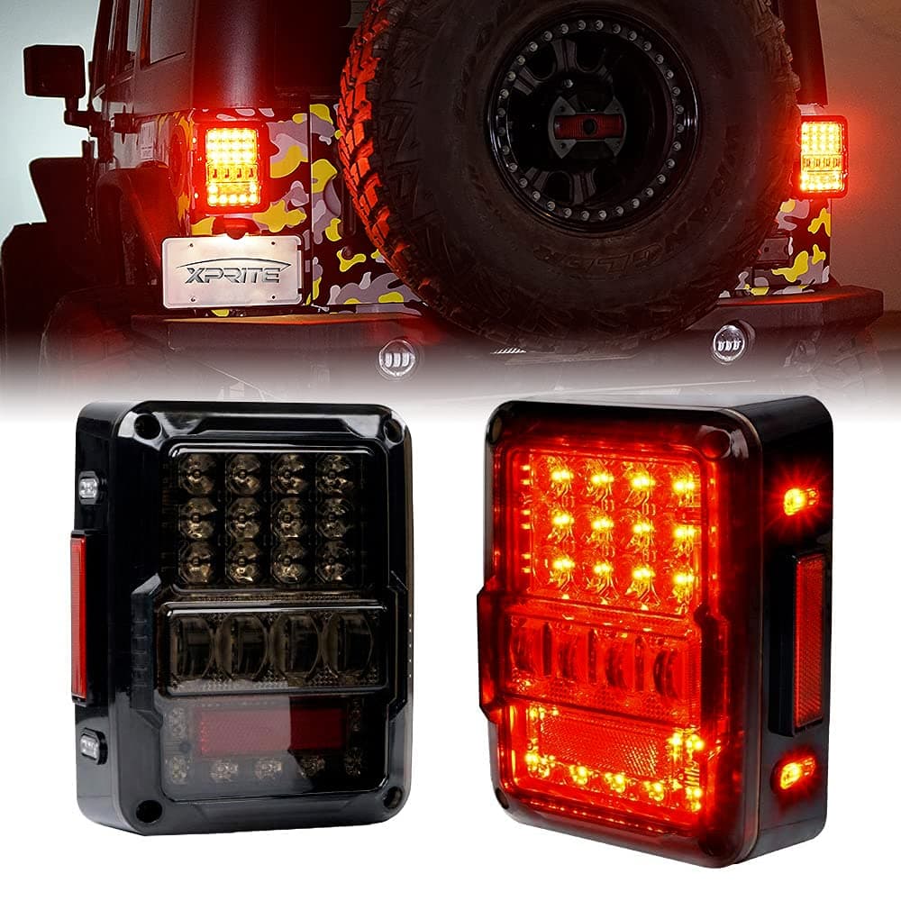 Xprite 4D Smoked LED Tail Lights Compatible with 2007-2018 Jeep Wrangler JK JKU, Plug & Play Rear Taillights w/Built-in Resistors, Parking, Brake, Turn Signal & Reverse Lights, DOT Approved