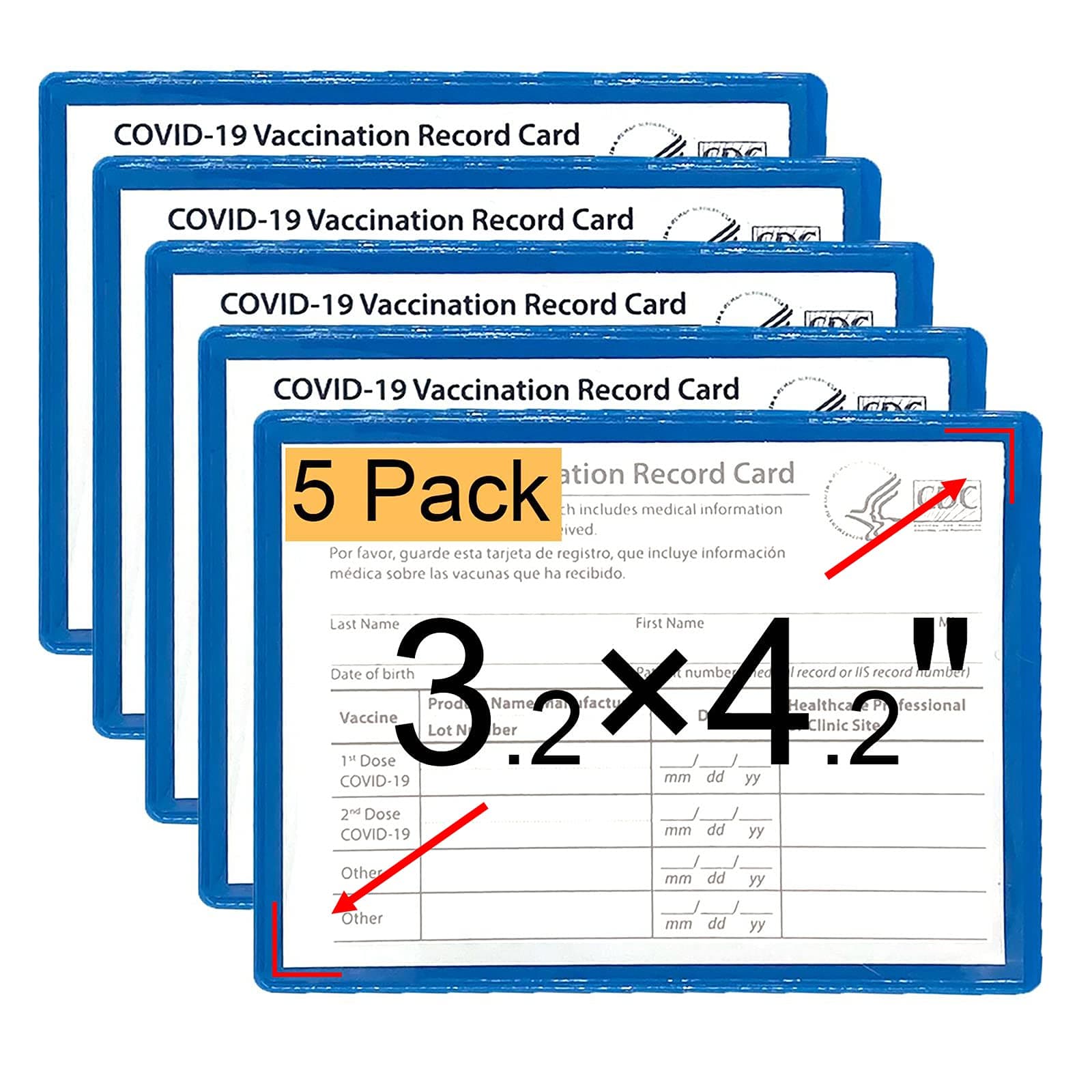 5-Pack Scratchproof Vaccination Card Holder, CDC Vaccine Card Protector 4.2 X 3.2 Inches Spill-Resistant Immunization Vaccinate Record Cards Plastic Holder, for Badge Record ID Card Name Tag (Blue)