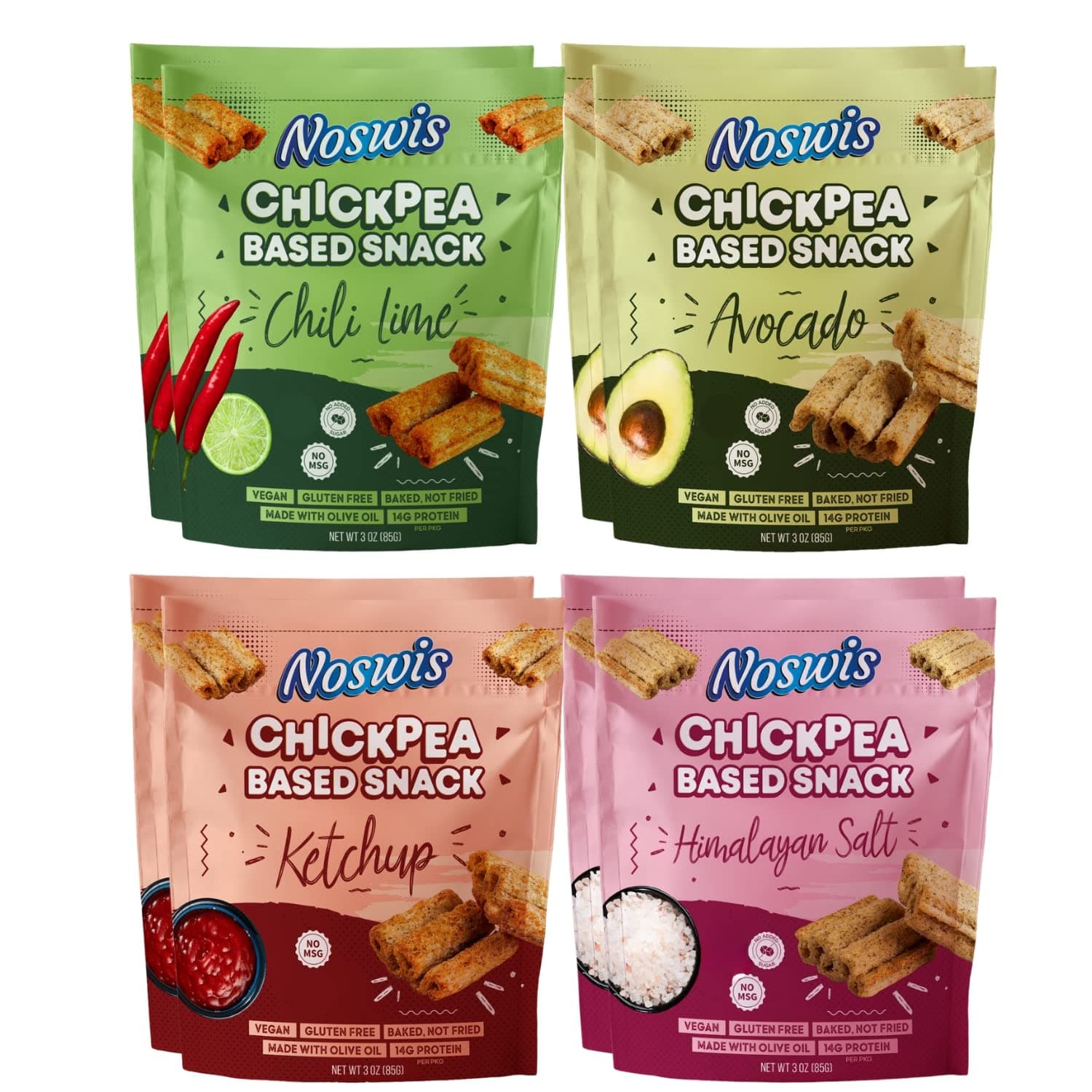 NOSWIS Chickpea Based Snacks (8 Pieces per Box), Hummus - Baked Not Fried Crisps - Made with Olive Oil No MSG - High Plant Based Protein - No added Sugar - Veggie - Gluten Free - Dairy Free