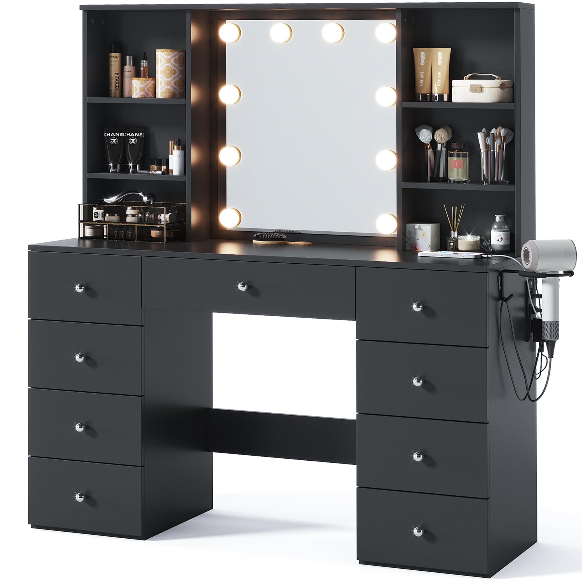 LINSY HOME Vanity with Storage, Black Makeup Vanity with Mirror and Lights, 47" Make Up Vanity Desk with Drawers, Shelves & Charging Station, Modern Large Vanity Table for Bedroom, Women, Girls
