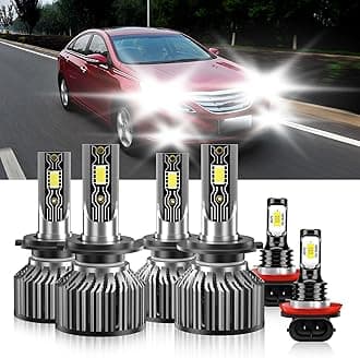 Compatible For Hyundai Sonata 2011-2014 H7 H7 High/Low Beam H11 Fog Light Bulbs, 600% Brightness 6500K White with Cooling Fan, Plug and Play, IP68 Pack of 6