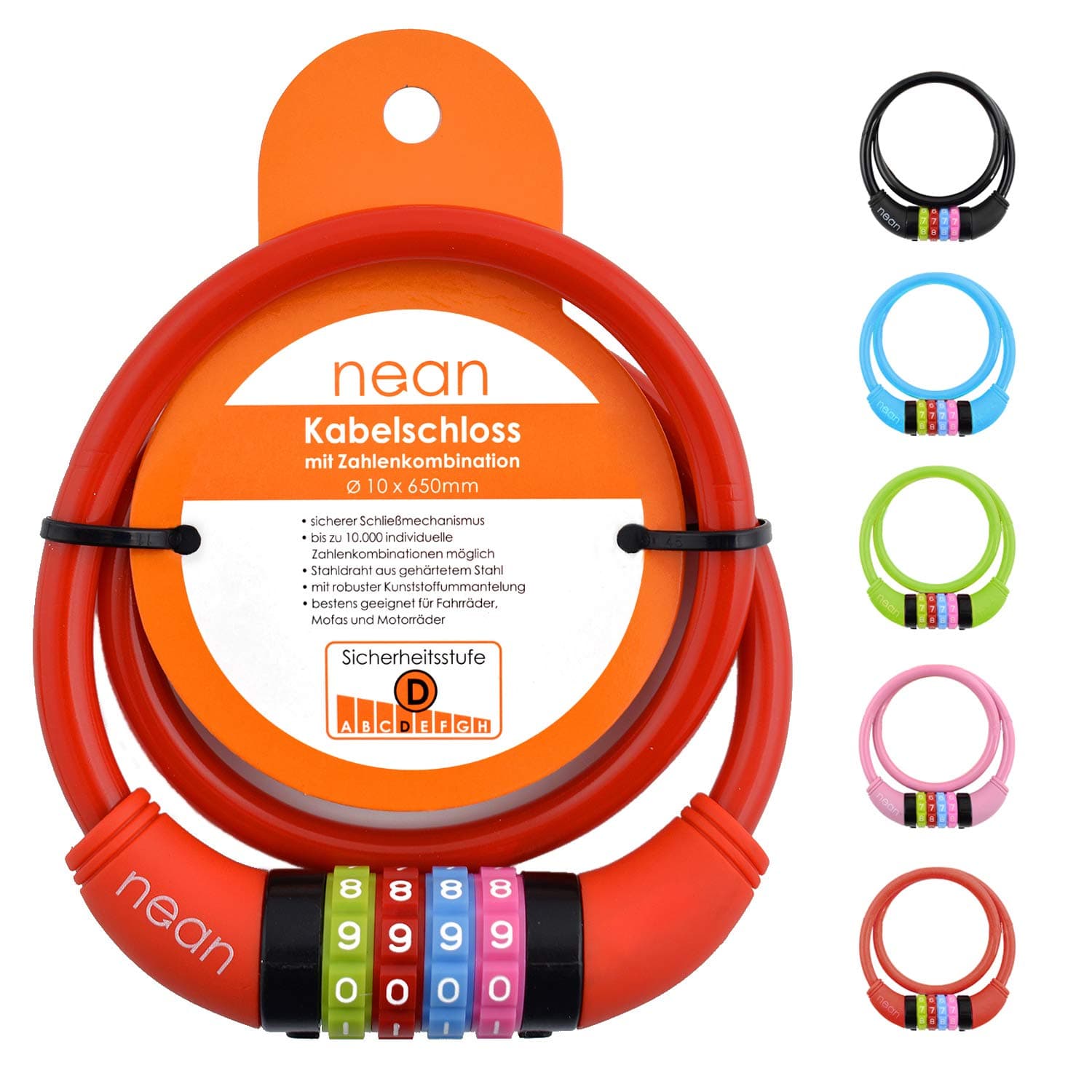 Nean children's-bicycle-cable-lock, number code combination lock in colourful design, 10 mm x 650 mm (red)