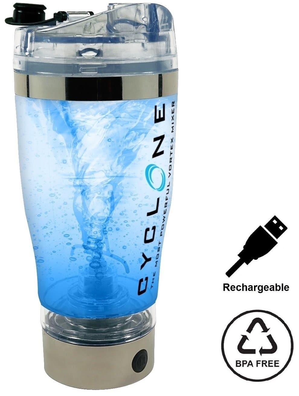 Cyclone IMPROVED v2.0 USB Rechargeable Protein Vortex Portable Mixer | BPA-FREE Shaker Bottle Blender, Stainless Steel
