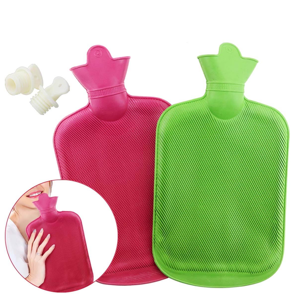 2 Pack Premium Simple Rubber 2L Hot Water Bag(a red one and a Green one),Great for Pain Relief,Hot and Cold Therapy,Natural Rubber BPA Free- Durable Hot Water Bottle